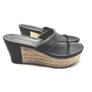 Prada Black Leather Wedge Thong Sandals